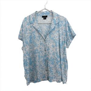 Natori Pajama Button Down Collared V-Neck Short Sleeve Blue Floral Top Size XL